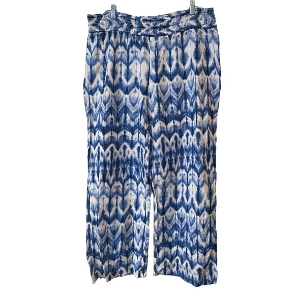 Paradise Shores White Blue Water Printed Linen Blend Wide Leg Lounge Pant XL - Picture 1 of 6